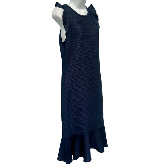 Shoshanna Navy Blue Ruffle Hem Sleeveless Ribbed Sheath Midi Dress size 6 - Picture 4 of 11